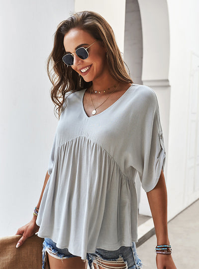 Women's V Neck Solid Volor T-shirt