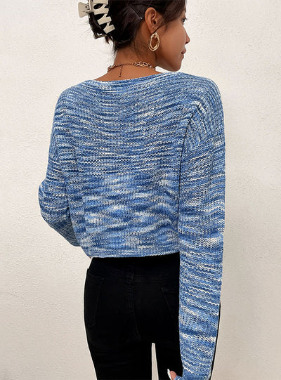 Blue V-neck Knitted Short Gradient Sweater