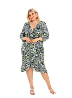 Large Size V-neck Ruffled Irregular Dress