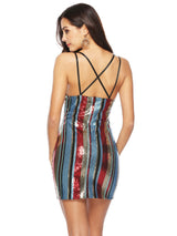 V-neck Suspender Backless Striped Sequined Dress
