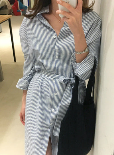 Casual Striped Shirt Dress Cotton and Linen Lace Up Single