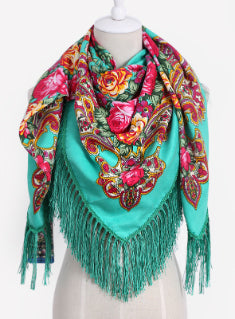 Square Scarf Cotton Long Tassel Print Scarf 