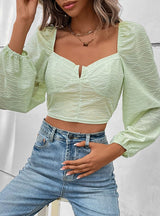 Solid Color Square Collar Bubble Sleeve Shirt