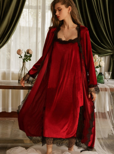 Sexy Lace Sling Nightgown and Velvet Nightgown Set