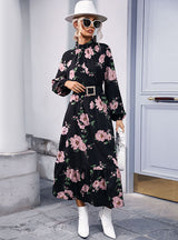 High Collar Printed Chiffon Long Sleeve Dress