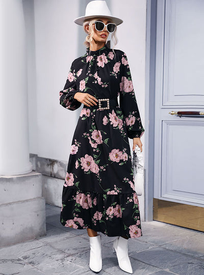 High Collar Printed Chiffon Long Sleeve Dress