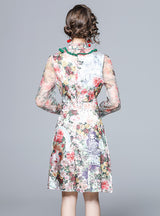 Retro Stand Collar Gauze Wooden Ear Floral Dress