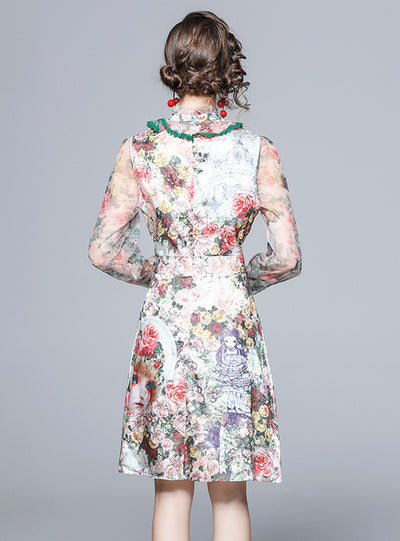 Retro Stand Collar Gauze Wooden Ear Floral Dress