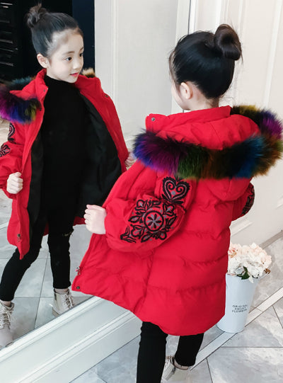 Girl Winter Embroidery Puff Sleeve Down Jacket