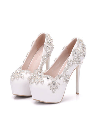White Rhinestone Waterproof Platform Wedding Shoes