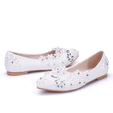 White Lace Flat Rhinestone Pearl Wedding Shoes