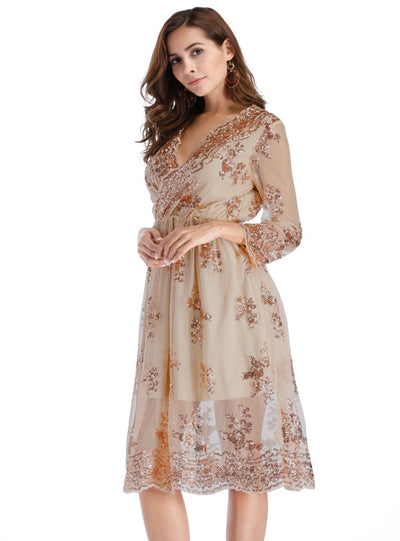 Sexy Long Sleeve V-neck Sequined Dress