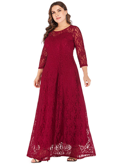 Large Size Lace 3/4 Sleeves Hollow Out Long Dress