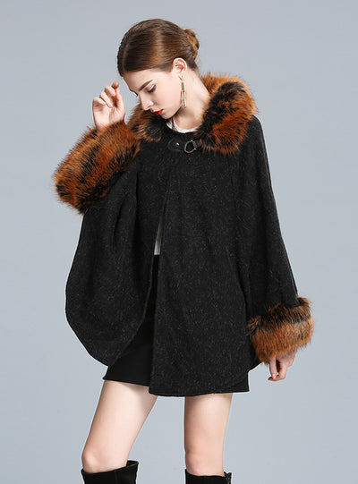 Knitted Shawl Cloak Imitating Fox Fur Collar Bat Sleeve