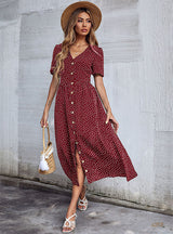 Point V-neck Short Sleeve Button Dress