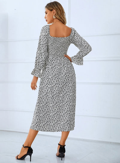 Long Sleeve Printed Square Collar Dress