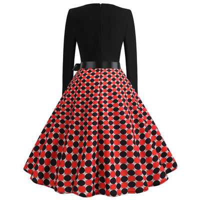 Retro Long Sleeve Round Neck Polka Dot Print Dress