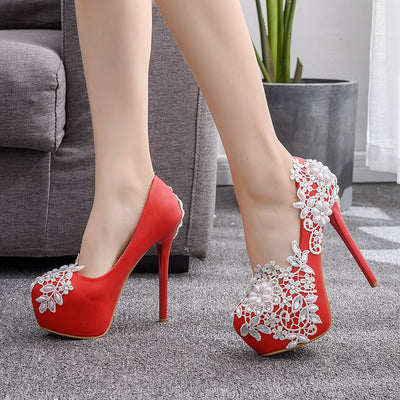 White Beaded Lace Flowers Wedding Shoes