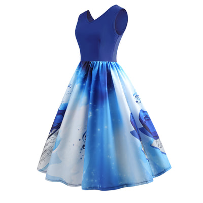Blue V-neck Print Sleeveless Dress
