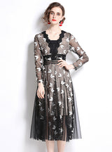 Mesh Butterfly Long Sleeve Embroidered Dress