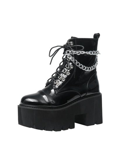 Patent Leather Gothic Black Boots Women Heel