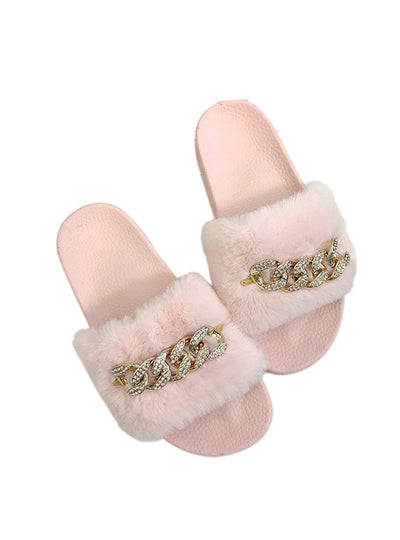 Faux Fur Plush Slippers Chain Slide Fluffy 
