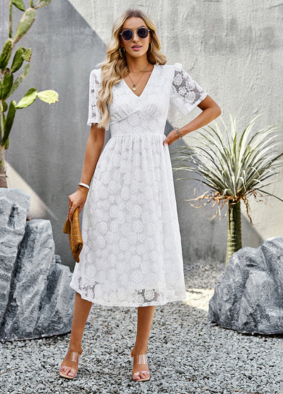 Silm Waist V-neck Lace Dress