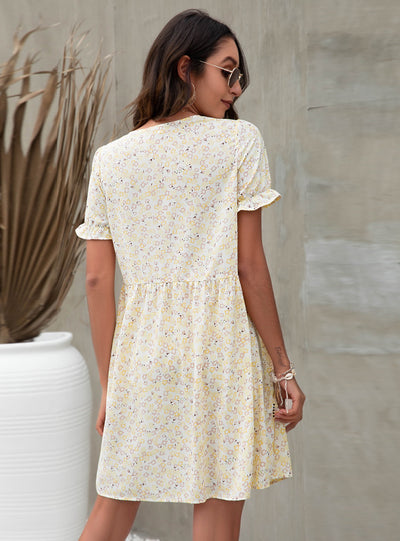Loose V-neck Wood Ear Print Dress