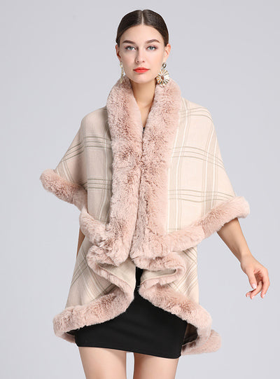 Fur Collar Plaid Shawl Cloak Large Size Knitted Coat