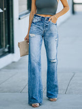 Slim and Ripped Wide-leg Denim Trousers Pant