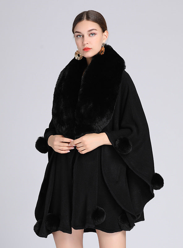 Rabbit Fur Collar Shawl Cloak Knitted