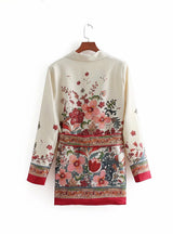 Red Floral Print Kimono Suit Jacket Ladies Waist Bowknot