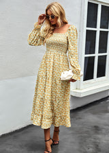 Retro Square Collar Printed Holiday Style Dress