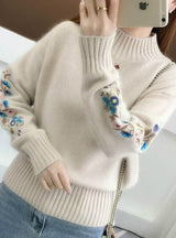 Embroidery Turtleneck Sweater Women Long Sleeve Knit 