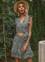 Floral Flounce Sleeveless Skirt Two-piece Suit