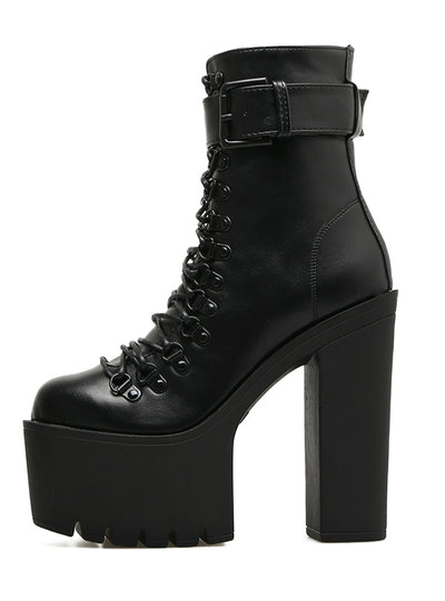 Motorcycle Boots Leather Metal Buckle High Heels Shoes