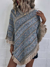 Contrast Striped Fringed Pullover Cape Shawl