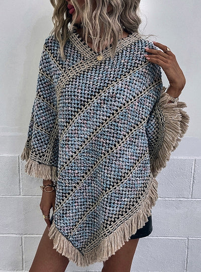 Contrast Striped Fringed Pullover Cape Shawl