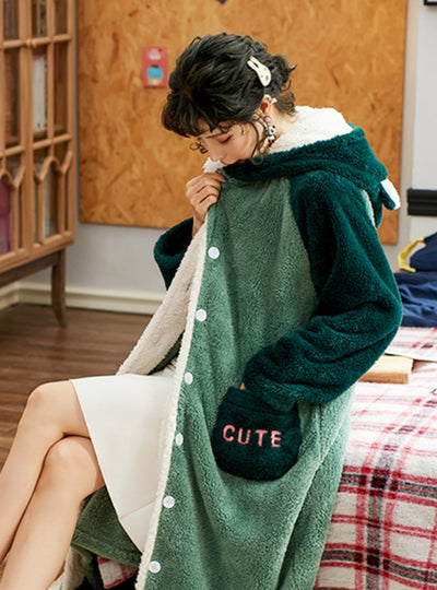 Coral Velvet Warm Pajamas Bathrobe Green Mosaic