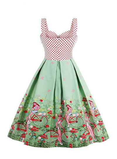 Rockabilly Sleeveless Polka Dot Floral Print