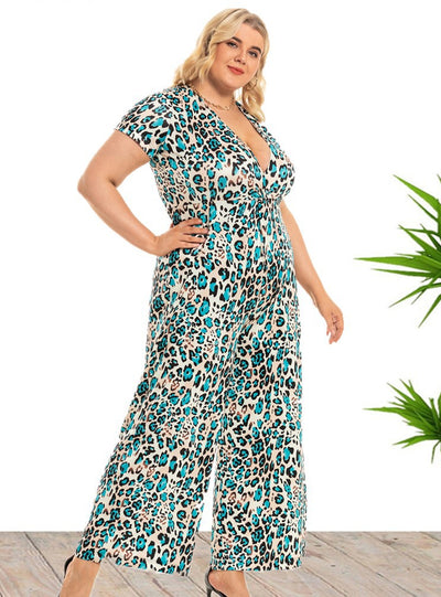 V-neck Knotted Leopard Wide Leg Jumpsuit