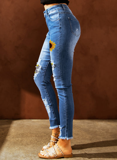 Wear and Tear Printed High-waisted Jeans