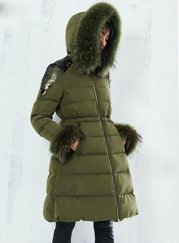 Lady Cotton Outwear Real Fur Sequins Long Winter Parka