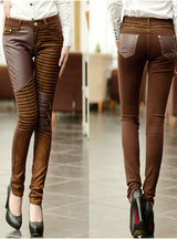 Leather Patched Elastic Low Waist Sexy Slim Pencil Pants