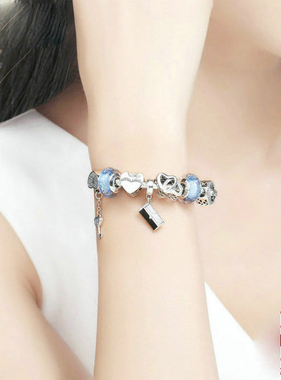 925 Sterling Silver Women Handbag Heart Lock Key