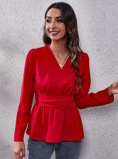 V-neck Bubble Sleeve Long Sleeve Top