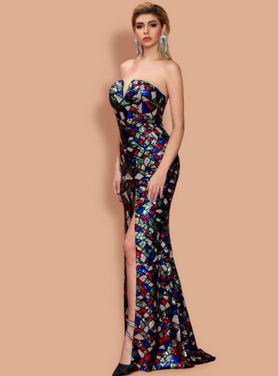 Slim Geometric Tube Top Irregular Split Sequins Dress