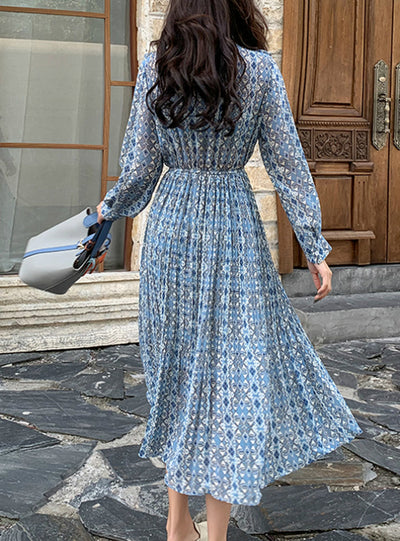 Female Long Sleeve Printed Casual Pleated Dresses