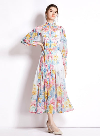 Holiday Collar Lantern Sleeve Print Dress