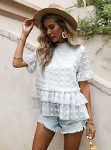 Lotus Leaf Short Sleeve Round Neck Lace Blouse